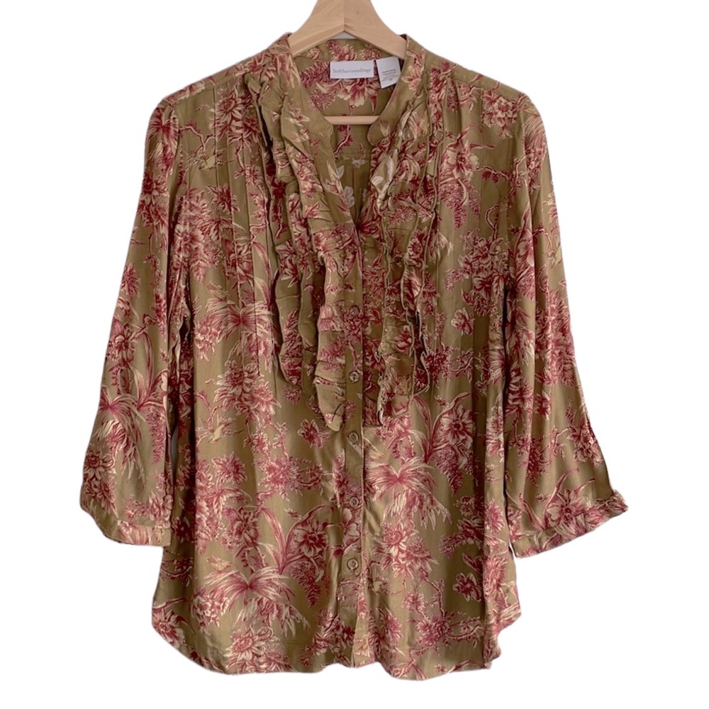 Soft Surroundings Blouse Button Down Floral Ruffles Red Green Medium